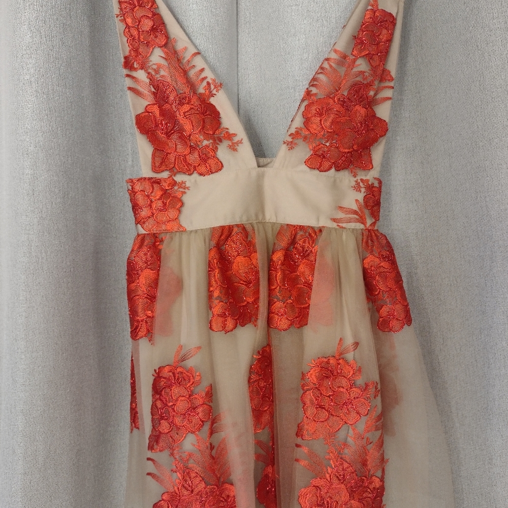 Free People Beige Dress with Red Floral Embroidery